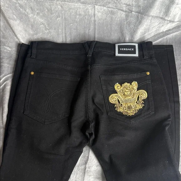 Versace Men's Dark Jeans with Gold Accents - Picture 4 of 4